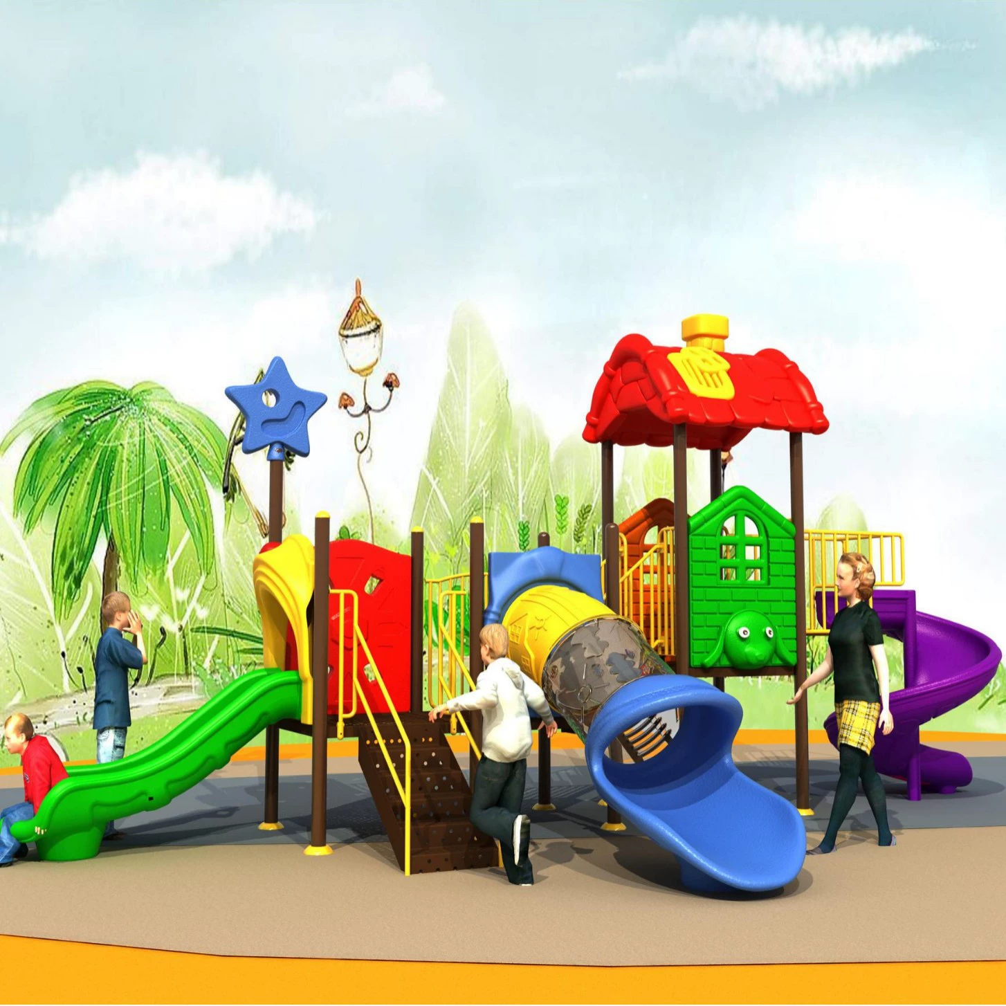 Детская игровая площадка с горкой и качелями для нескольких человек, 76-секционная пластиковая горка для общественных парков и улиц