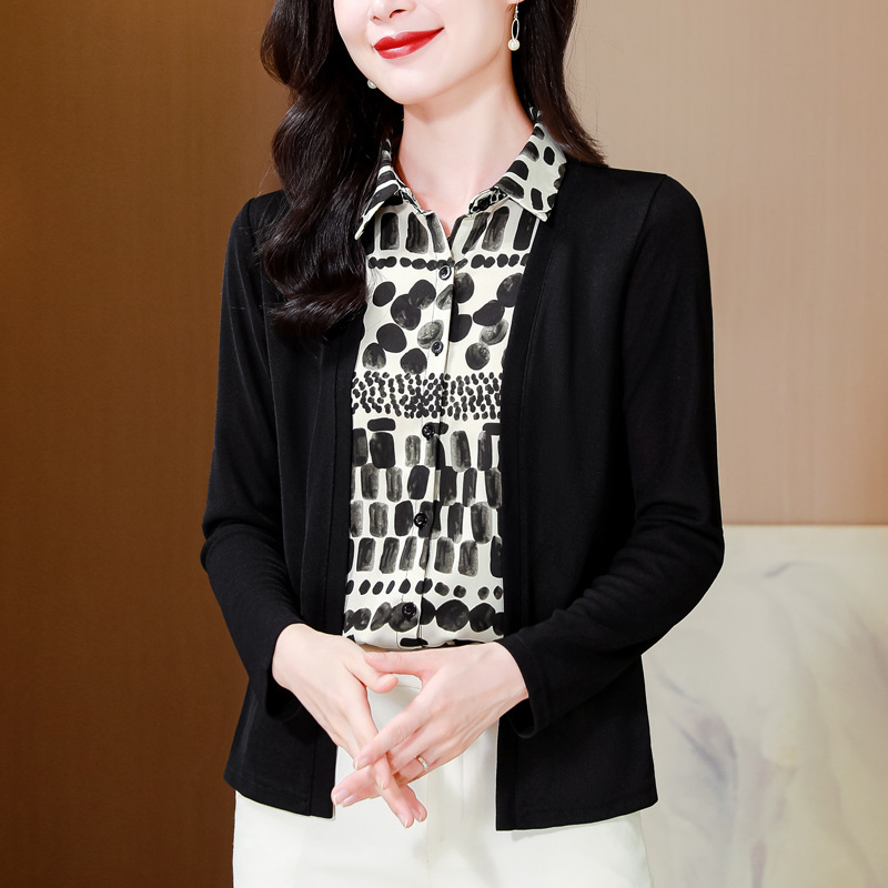 Real Shot of Spring and Autum Fashionable Fake Two-Piece Cardigan Knitted Shirt for Women, Fashionable Slimming Look Mother's Wear Long-Sleeved Shirt Top