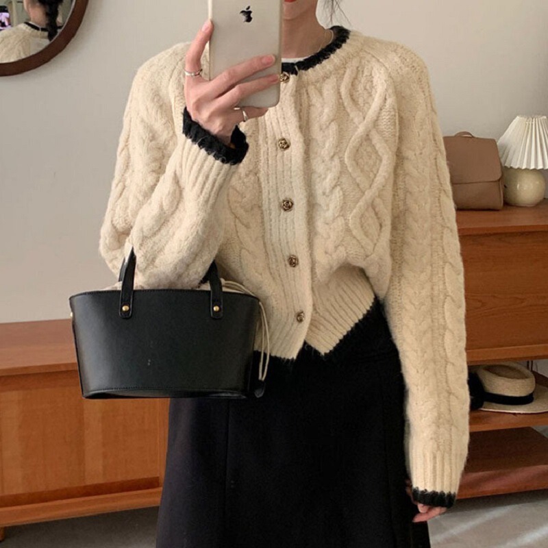 韩版新款撞色圆领毛衣女秋冬外搭感慵懒风针织开衫外套女加厚|undefined