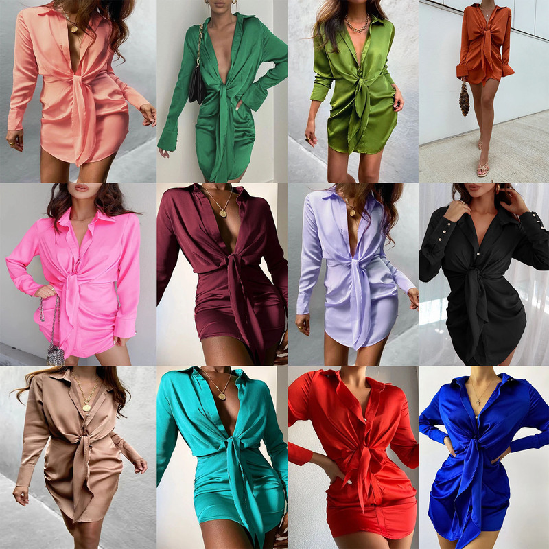 Europe and the United States foreign trade hot women's spring and summer shirt collar long sleeve tie knot high waist solid color woven sexy dress