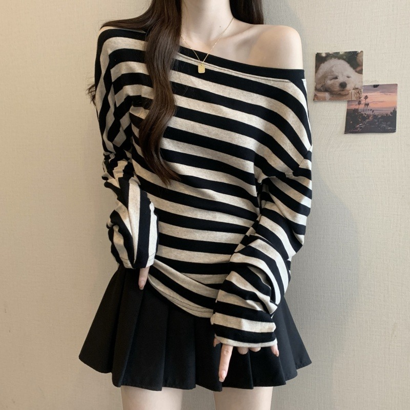 2025早秋新款法式条纹一字露肩长袖T恤大码女装胖mm收腰遮肚上衣