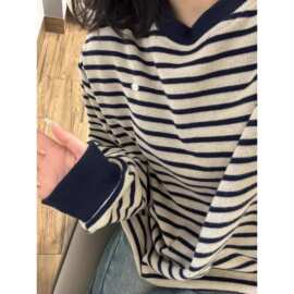 秋冬季大码宽松仿棉华棉复合牛奶丝条纹圆领正肩卫衣上衣外贸批发