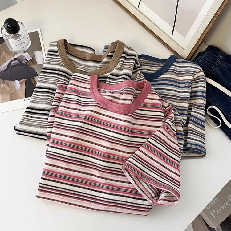 Niche Designer's New Spring/Summer 2025 Sweet Color Striped Short-sleeved T-shirt Women's Korean-style