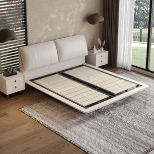 Suspension Leather Bed Minimalist Elephant Ears Modern Minimalist Leather Art Master Bedroom Wedding Bed Double Bed 1.8x 2 m with Light