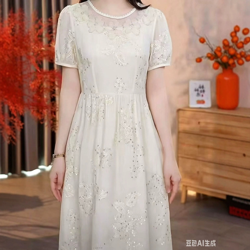 2026 New Summer Sequin Embroidered V-Neck Dress for Women, Elegant Slim-Fit Mid-Length Fashionable French-Style Dress