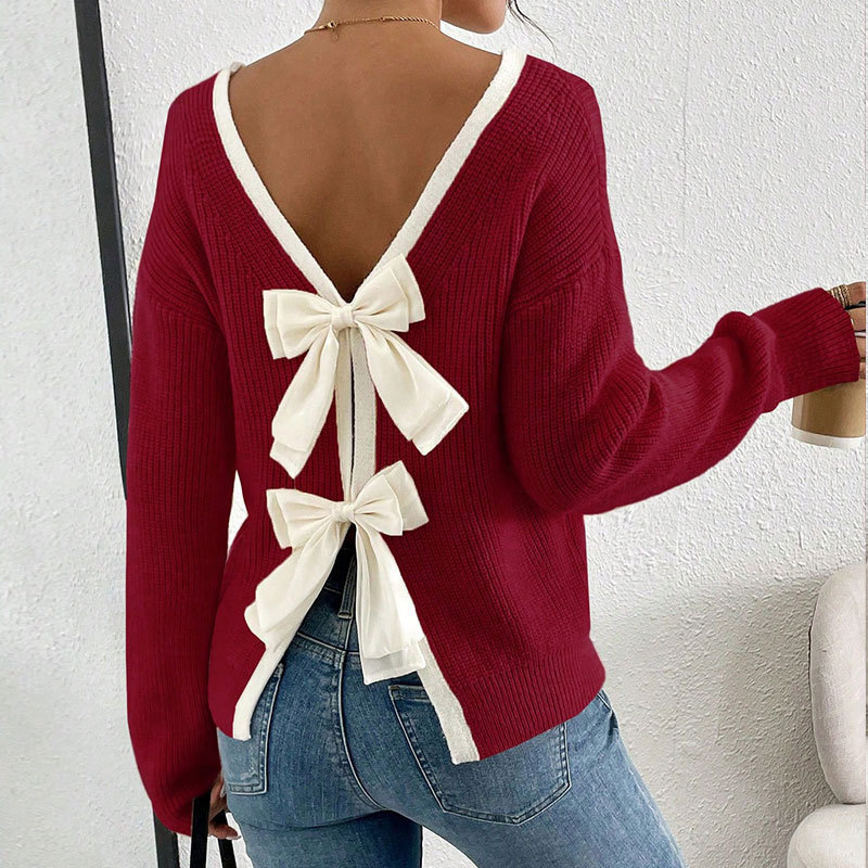 European and American Autumn and Winter New Knitwear Women's Cross-Border Amazon Fashion Back Bow Decorative Round Neck Pullover Knitwear