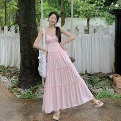 ドーパミンニッチデザインウエスト痩身海辺休暇ロングドレス甘いスーパーフェアリーピンク甘いサスペンダードレス
