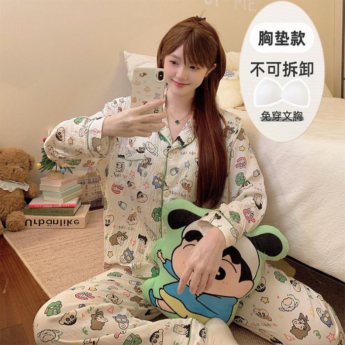 Al por mayor transfronterizo de otoño pantalones de manga larga pijamas casuales de mujer con cojín de pecho cardigan cómodo algodón nubes ropa para el hogar encantadora