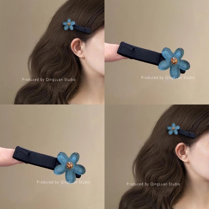 Evening breeze summer ~ South Korea new acetic acid flower hairpin ins small fresh retro dark blue rhinestone bangs clip hair