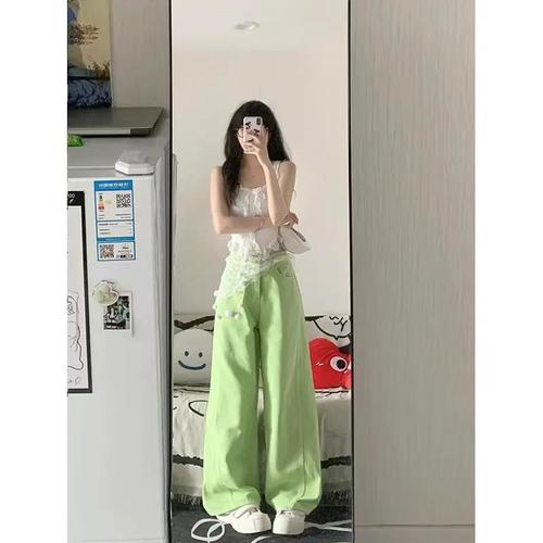 Apple Green Wide Leg Denim Pants for Women 2025 Spring Early Casual Flowy Slim Fit Straight Leg Ground-Length Pants Ins Trendy