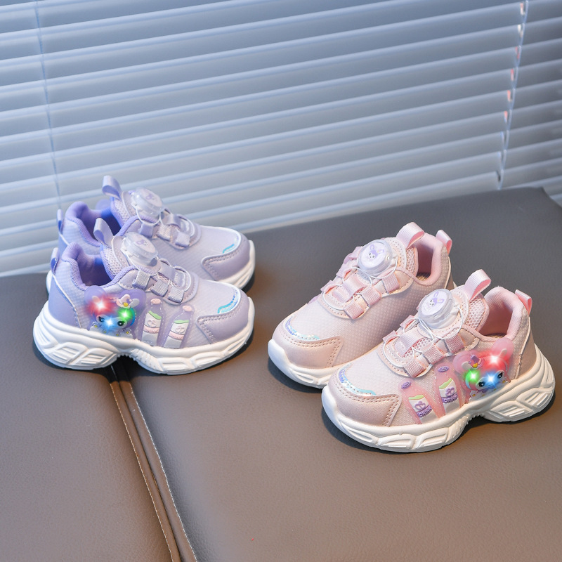 Niños con lámparas 2025 primavera nueva malla de velcro transpirable suave luz princesa de dibujos animados zapatos de carrera