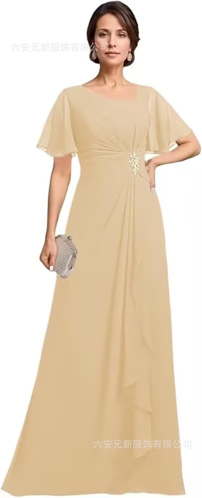 Vestido de novia de gasa de Amazon vestido de madre mariposa de manga corta plisada larga aplicación vestido de invitado de boda