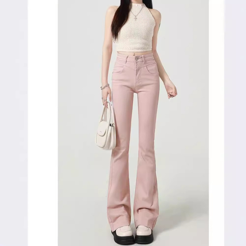 Design Sense Light Pink Micro-lar Jeans Women's High Waist Slim-fit Flare Pants for Autumn and Winter 2024