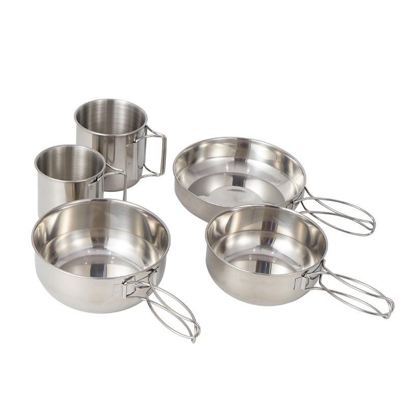 304 Stainless Steel Cup Bowl Outdoor Mountain Climbing Portable 5-piece Set Pot Camping Picnic Barbecue Travel Fishing Tableware