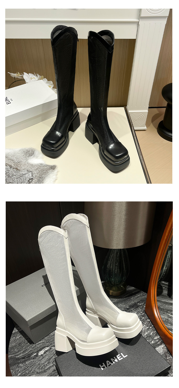 Boot dài vải lưới da thật nữ cao cổ rỗng thoáng khí mùa hè gót cao dáng nhỏ — Màu đen, Màu trắng be chi tiết 13