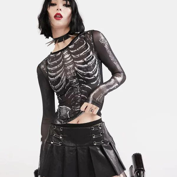 2024 New Round Neck Pullover Long Sleeve Mesh Skull Print Casual European and American Women's Top
