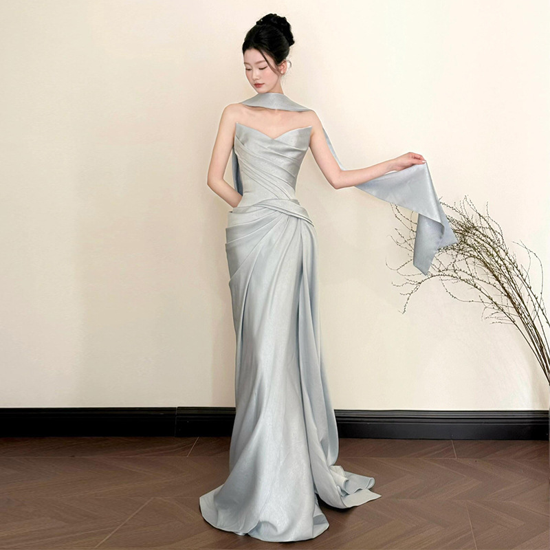 French-Style Bridal Morning Robe for Women, High-End Wedding Veil, Engagement High-End Light Luxury Toast Dress, Birthday Strapless Gown French-Style Bridal Morning Robe for Women, High-End Wedding Veil, Engagement High-End Light Luxury Toast Dress, Birthday Strapless Gown