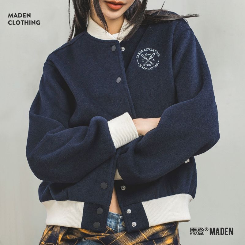 Maden American College Style Baseball Jacket Retro Color-Block Embroidered Versatile Woolen Short Coat for Women in Autumn