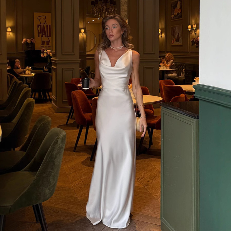 European and American Cross-Border Women's New Fashion Elegant Solid Color Swing Collar Dress High-End Light Luxury Satin Evening Dress