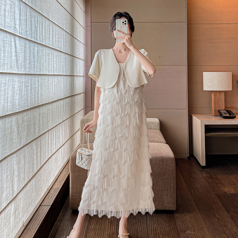 Real-Price Professional Commuting Maternity Suit 2025 Summer Wave Fringe Suspender Dress-Style Blazer Short-Sleeve Jacket