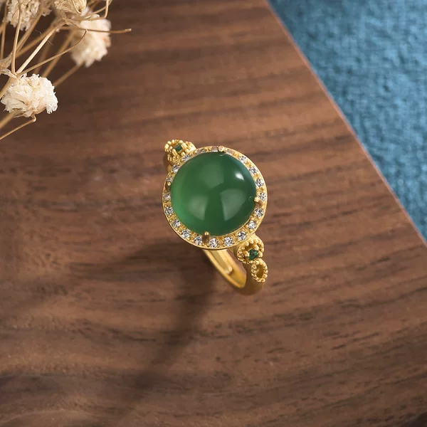 Wholesale Wide-Band Chalcedony Emerald Rings, Women's Adjustable Enamel Hetian Jade Inlaid with Gold Gemstone Jewelry, Cross-Border Distribution