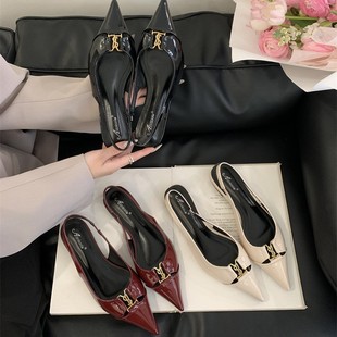 French Metallic Buckle Pointed Toe Flats Women's Shoes 2025 Spring and Summer Patent Leather wine red Shallow Hallback Fashionable Sandals