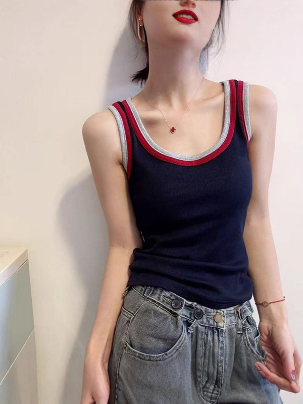 厂家直销】夏季新款撞色拼接吊带背心女韩版时尚修身百搭外穿上衣|undefined