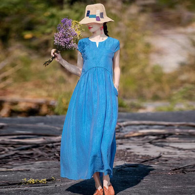 Cotton and Linen Dress for Women 2023 Summer Half-Open Collar, Fitted Sleeves, Solid Color Long Dress with Three-Dimensional Cut and Ruffled Hem