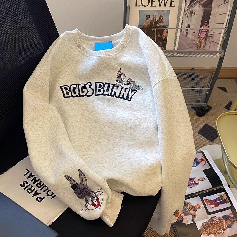 Retro Style Gray Embroidered Stereo Decorative Round Neck Sweatshirt for Women in Autumn and Winter Oversize Loose Velvet Top