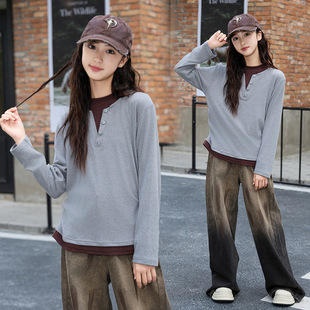 Girls' Bottoming Shirt Big Children's plus size Loose Fake Two-piece Long-sleeved T-shirt Slimming Sweater Fashionable for Junior High School Students