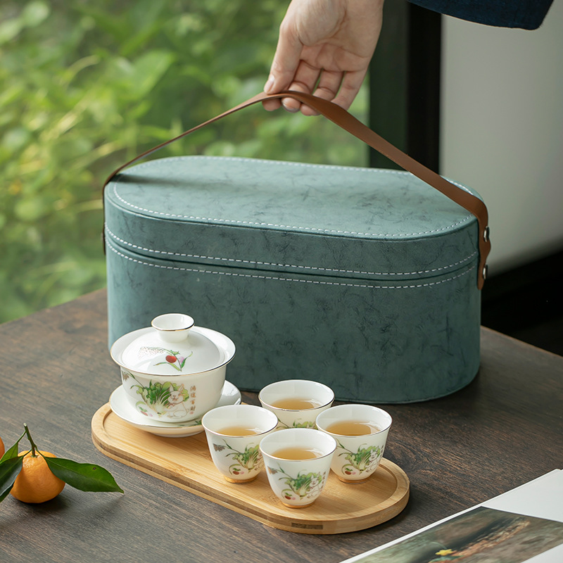 Mutton fat jade travel tea set white porcelain gold covered bowl…
