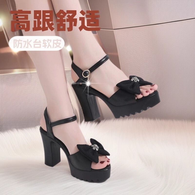 (Factory Direct) High-Heeled New Fashion Bow Sandals Thick Heel Waterproof Platform Soft Leather Heightening Ultra-Light Women's Shoes