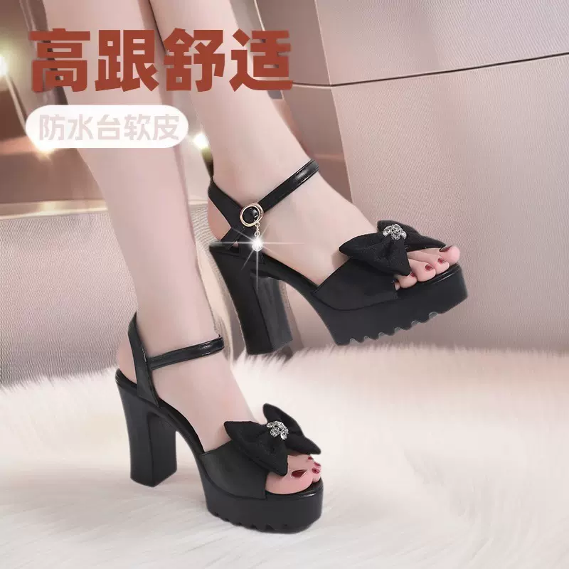 (工厂直营)高跟新款时尚蝴蝶结凉鞋粗跟防水台软皮增高超轻便女鞋