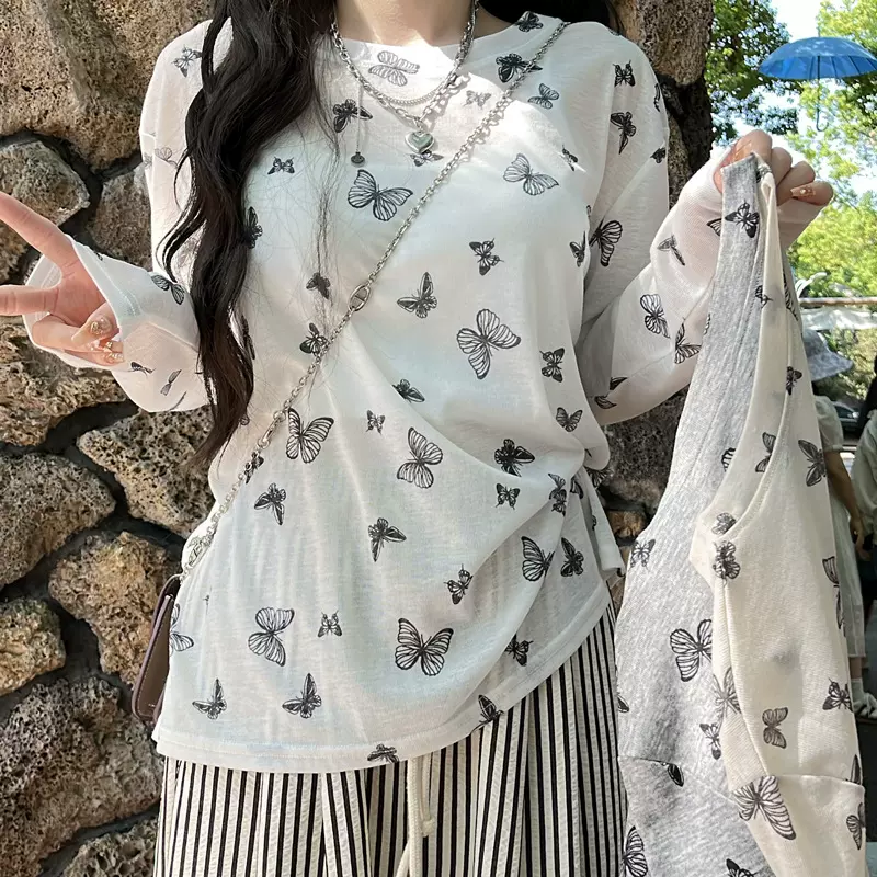 大蝴蝶印花微透长袖T恤女夏简约薄款罩衫宽松显瘦圆领上衣防晒衣