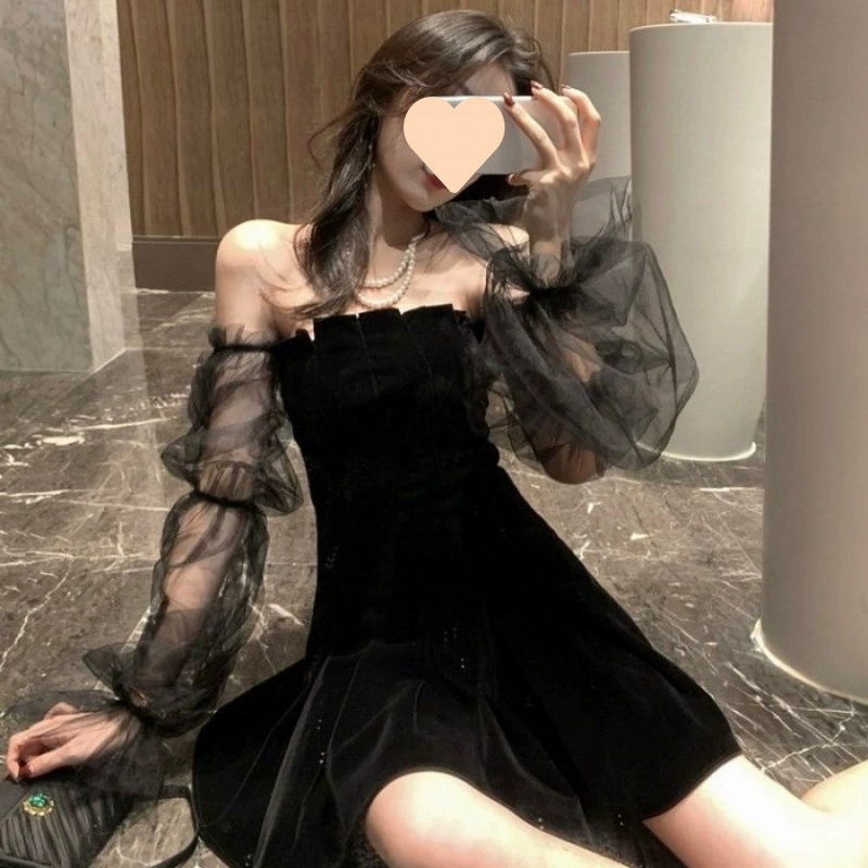 Новое платье-сетка с пышными рукавами и черной юбкой, открытые плечи, пышная талия, весна-лето 2025 года