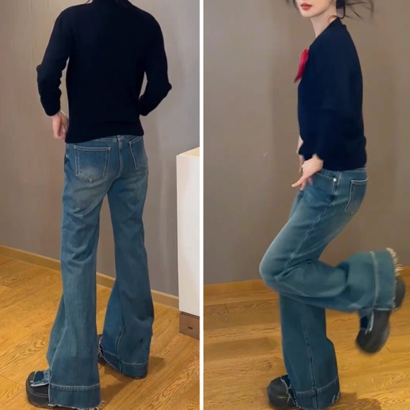 Factory Star Spring, Summer and Autumn Hong Kong Style High-Waisted Slim Blue Bootcut Pants Casual Versatile Floor-Length Wide-Leg Jeans