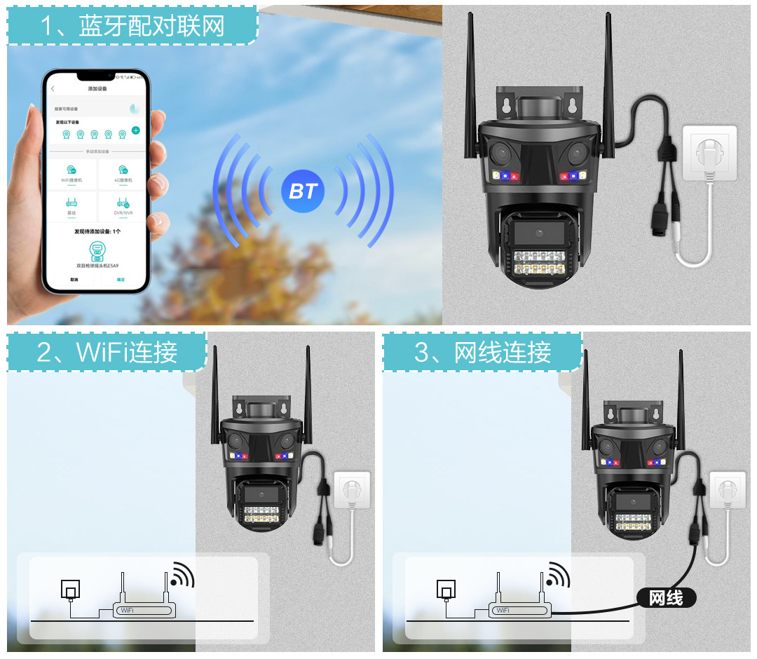 9MP triple lens surveillance camera, ultra HD, WiFi outdoor