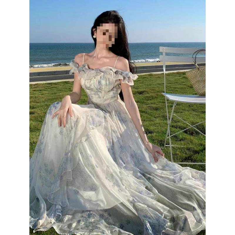 Beach Vacation Style Spaghetti Strap Dress with French Ruffles, Beachy Long Dress with an Ethereal Fairy Vibe Beach Vacation Style Spaghetti Strap Dress with French Ruffles, Beachy Long Dress with an Ethereal Fairy Vibe