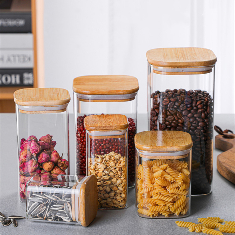 tanque de almacenamiento de vidrio de alto borosilicato de cocina de alta calidad té cereales dulces de bambú cubierta de madera sellado tanque de almacenamiento cuadrado