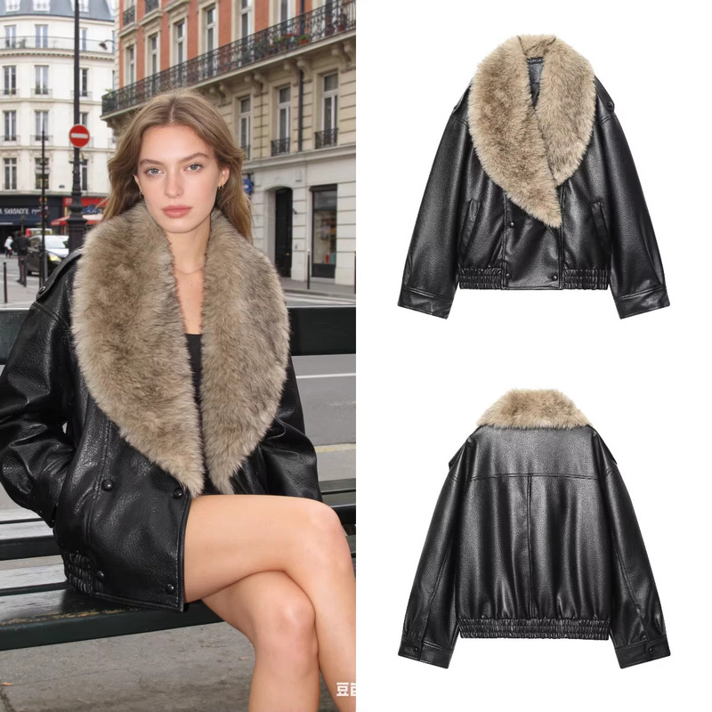 Za Foreign Trade Cross-Border In-Stock European and American Style 2026 Spring New Women's Detachable Collar Faux Leather Jacket