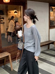 早秋季慵懒风穿搭灰色长袖针织衫女2025新款巨好看的韩系chic上衣