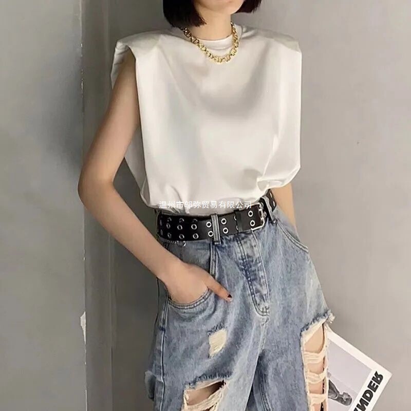 European and American Style White Right-Angle Shoulder Padded T-Shirt, Summer New Round Neck Loose Sleeveless Vest, Solid Color