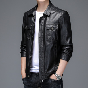 2024 Autumn New Haining Genuine Leather Jacket Men's Slim Short Lapel Leather Jacket Young Men's Genuine Leather Jacket