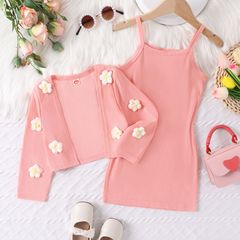 亞馬遜童裝女童秋季套裝粉色吊帶裙+花朵外套甜美兩件套工廠