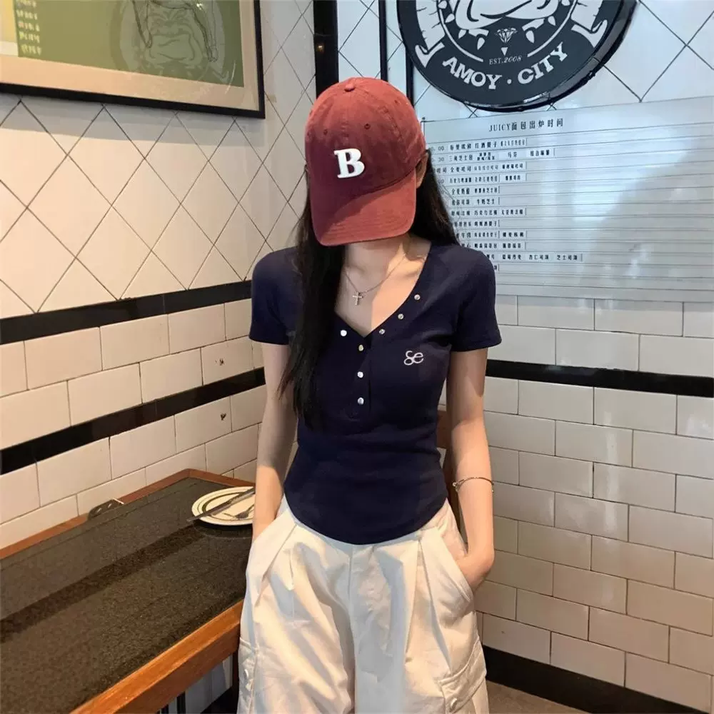 原版面料美式辣妹v领藏蓝色正肩短袖T恤女夏季修身设计感显瘦上衣