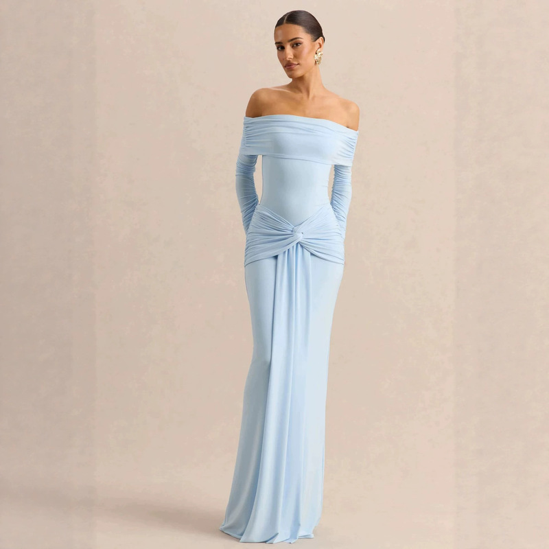 Elegant Off-The-Shoulder Long Cocktail Dress, Women's Charming Long-Sleeve Knitted Formal Dress, Mermaid Hem Style Elegant Off-The-Shoulder Long Cocktail Dress, Women's Charming Long-Sleeve Knitted Formal Dress, Mermaid Hem Style