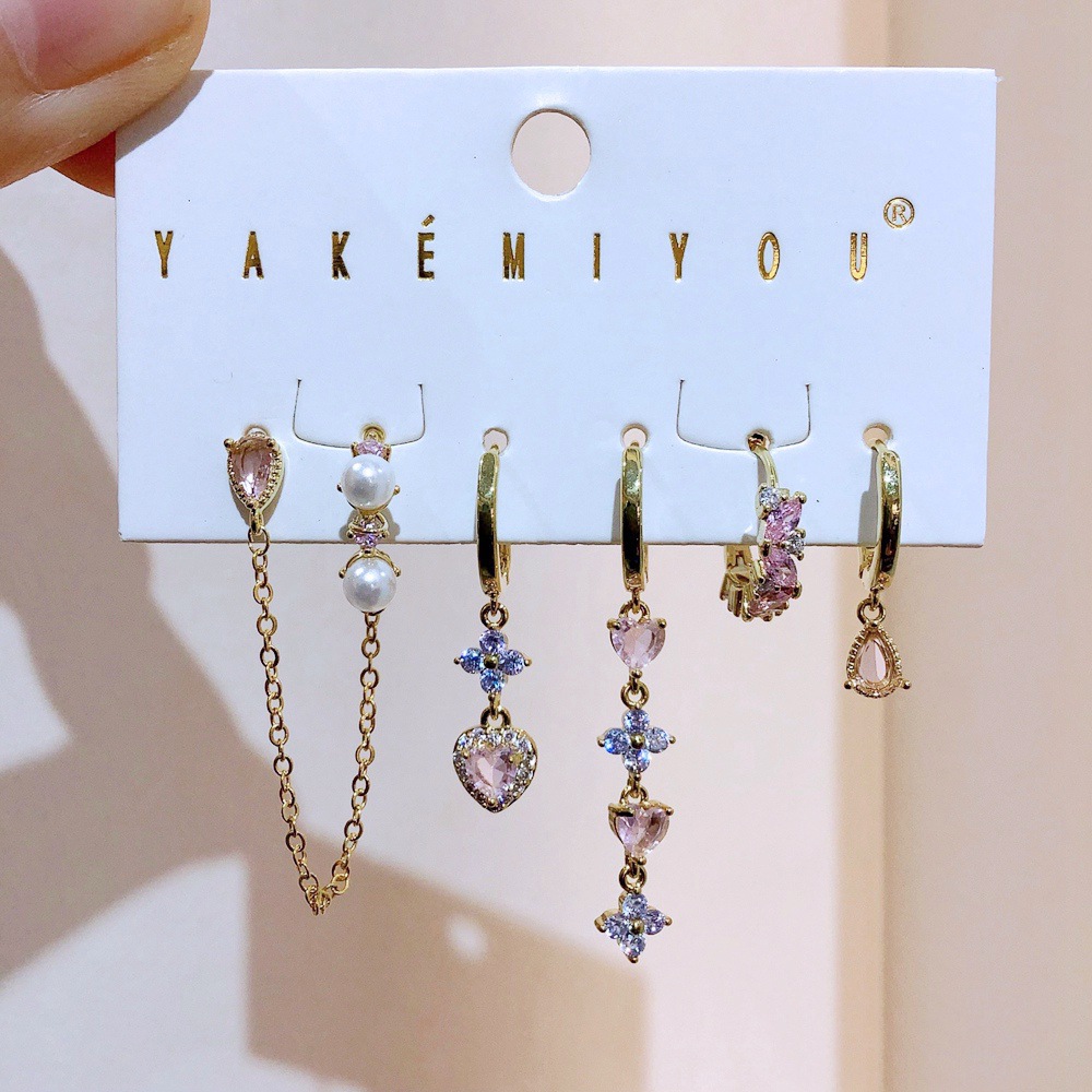 小众设计感轻奢粉色锆石水滴爱心耳扣耳饰6件套 精致气质百搭耳环