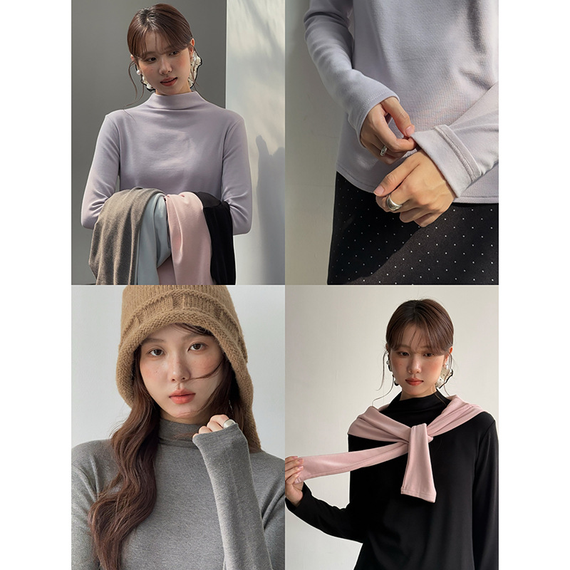 [Nude Cream Fleece-Lined Base Layer] Geming Korean Commuter Half Turtleneck Inner Top Winter Long-Sleeved T-Shirt N741C