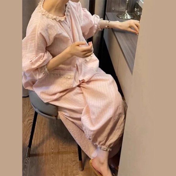 100% Cotton Pajamas for Women Spring and Autum Long-Sleeved Korean Style Cotton Home Clothes Set Ins Student Summer Confinement Clothes Winter