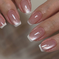 24片 跨境 欧方水晶白边法式猫眼欧美ins风press on nails